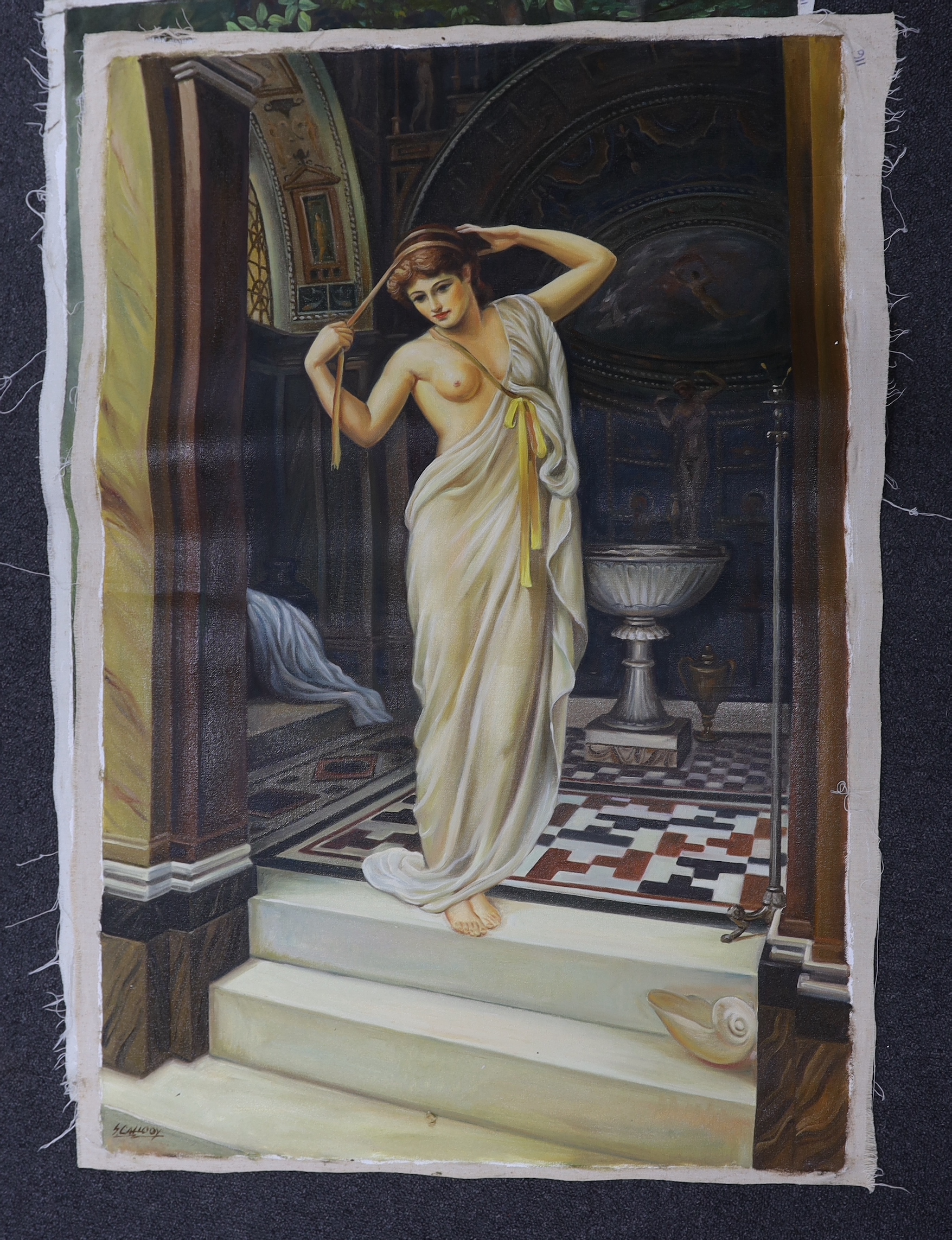 Six oil on unstretched canvases, Pre-Raphaelite subjects including Ophelia after John Everett Millais (1829-1896) and The Hireling Shepherd after William Holman Hunt (1827-1910), largest 95cm x 65cm